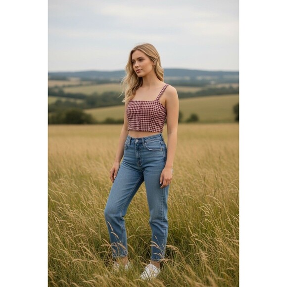 Levi's Geometric Checkered Crop MED Pink Brown Knit Retro Y2K Button Front Tank - Picture 7 of 16